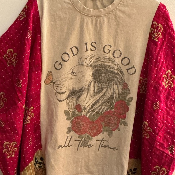 GOD IS GOOD Graphic T with  Kantha Sleeves Poncho style Handmade Boho Festival - Picture 2 of 3